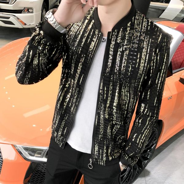 

2019 summer new fashion men's personality handsome sun protection clothing nightclub stage printing jacket, Black;brown