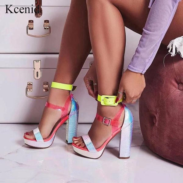 

kcenid summer women platform sandals gladiator multi-color chunky high heels pumps shoes ladies buckle strap open toe sandals, Black