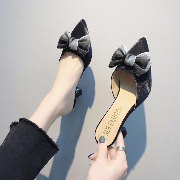 

slippers women spring summer bow thin heels slippers flip flops women shoes ladies high heels slides shoes woman zapatos mujer, Black