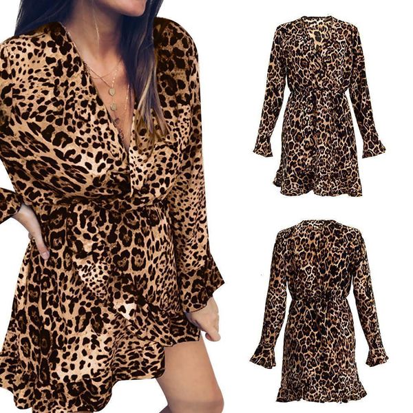 

plus size dresses woman clothes autumn summer plus size v neck leopard elastic waist long sleeve frill hem mini designer clothes, Black;gray
