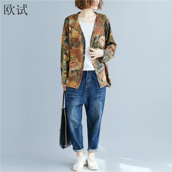 

плюс размер осень старинные цветочные куртки женщин пальто повседневная печать женские куртки пальто и куртки с длинным рукавом кардиган осе, Black;brown