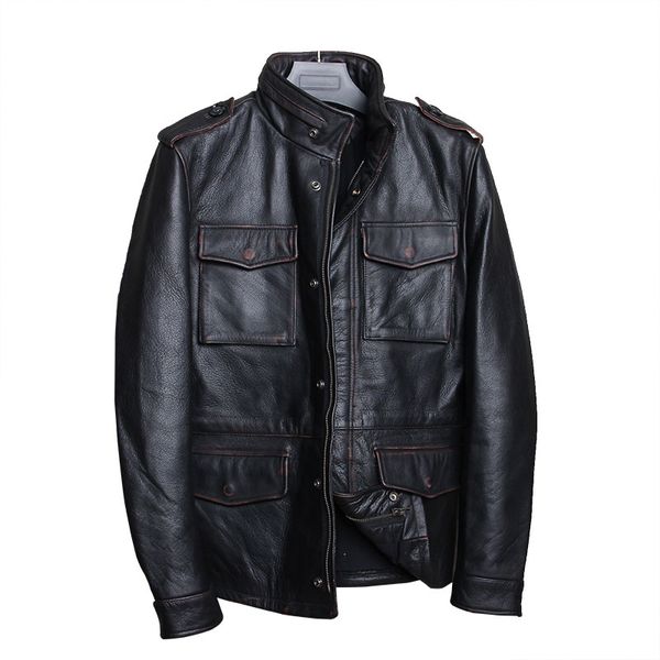 

2020 vintage black men safari leather jacket four pockets plus size xxxxl genuine thick cowhide russian autumn leather coat