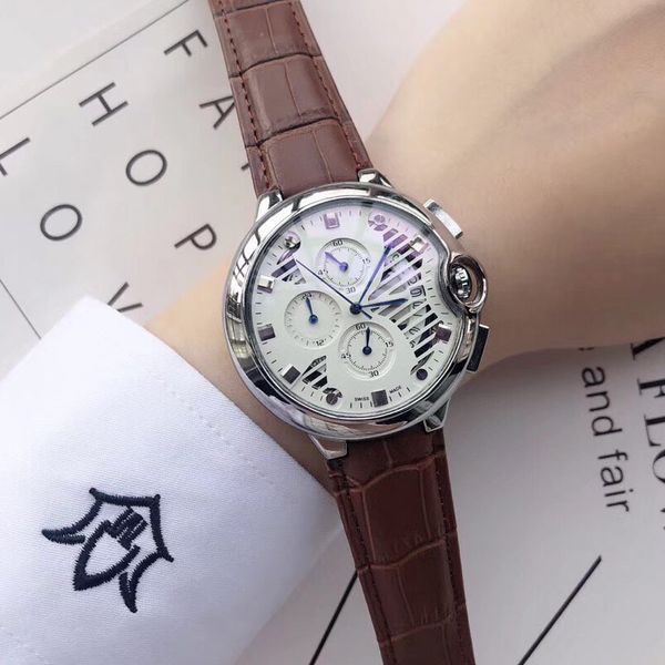 

высокое качество все sub-dials рабочие мужские часы спортивный секундомер лучший бренд кварцевые роскошные часы кожаный ремешок наручные час, Slivery;brown