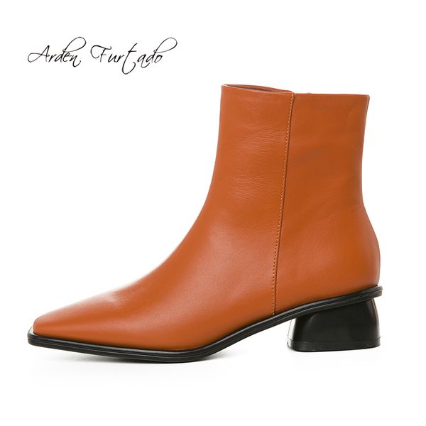 

arden furtado 2019 fashion women's shoes winter square head brown zipper genuine leather flat ankle boots, Black