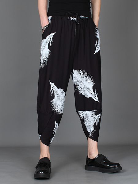 

m-3xl2019 new men's printed feather nine pants summer loose feet harlan big pants korean casual men's trousers, Black