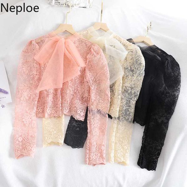 

neploe women lace blouse sweet embroidery hollow-out perspective blusas 2020 long sleeve bow tie o-neck short shirt 58486, White
