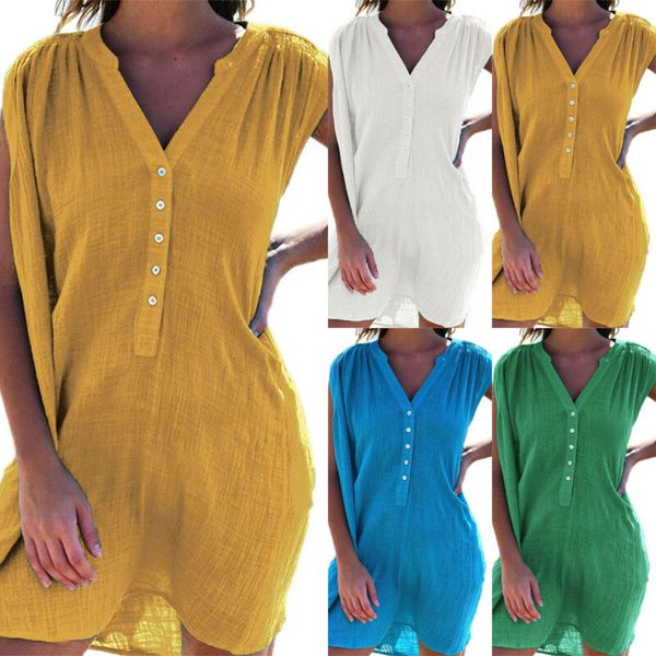 

Women V Neck Button T Shirt Tunic Dress Beach Short Sleeve Casual Loose Sundress