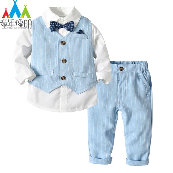 

boys suits blazers clothes suits for wedding formal party striped baby vest shirt pants kids boy outerwear clothing set, Blue