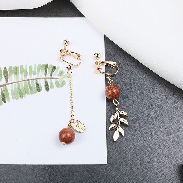 

retro gold sand stone long style asymmetrical leaf earrings korean style earring earrings natural stone leaf without ea, Silver
