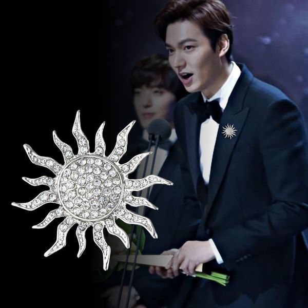 

new high-end metal sun flower brooch pin rhinestone crystal lapel pins men's suit shirt corsage badge clothing accessories, Gray