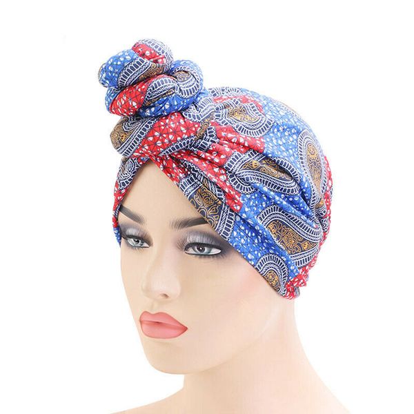 

india pleated knot women turban hat printed flower bonnet beanie head wrap hair loss cover cancer chemo cap muslim arab headwear, Blue;gray