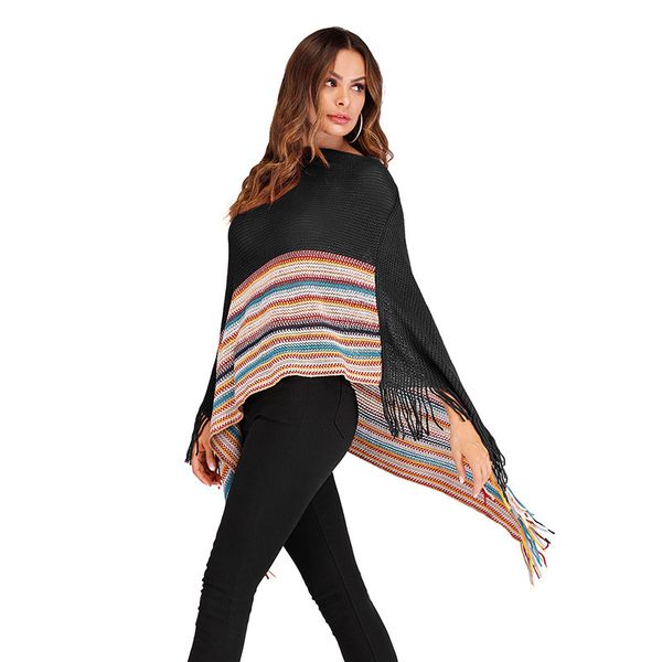 

women european american retro tassel high collar color patchwork irregular sweater female shawl cloak kniited pullovers sj3553u, Black