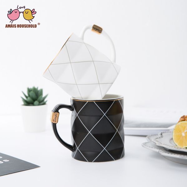 

450ml boreal europe style black and white tonal geometry parttern ceramic coffee mugs couple girlfriends office cups