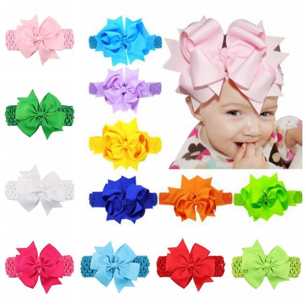

20cm baby headbands with clips girls crochet hairband kids grosgrain ribbon forked tail bow hairbands elastic wide hair band, Slivery;white