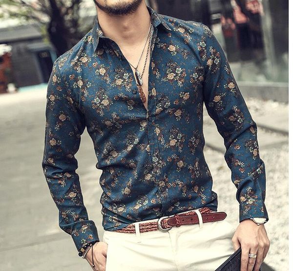 

men shirt floral printing long sleeve shirts man clothes quality, White;black