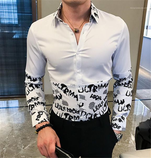 

designer mens shirt spring print long sleeve lapel clothes fashion styles single breasted male, White;black