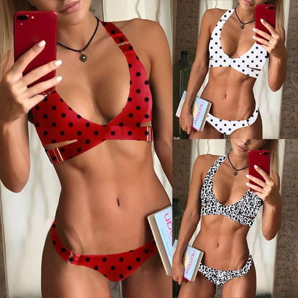 

summer swimwear two piece halter bikini set women printed swimsuit high waist padded monokini bathing suit stroj kapielowy