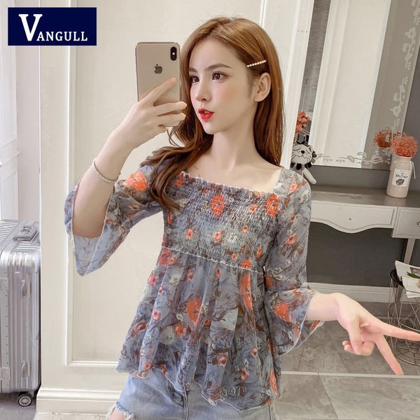 

vangull floral ruffle blouse women casual square collar flare sleeve chiffon blouse female elegant print slim 2019, White