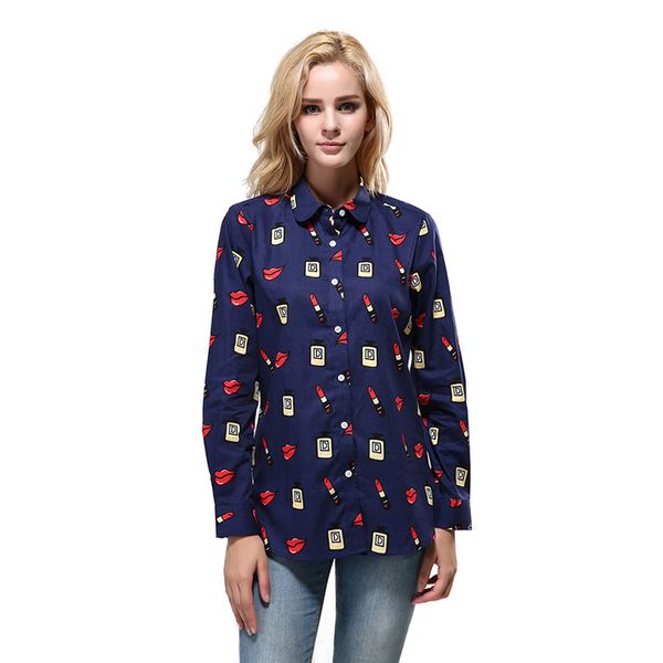 

all lipstick perfume print womens designer shirts fashion long sleeve single breasted womens shirts casual females clothing, White