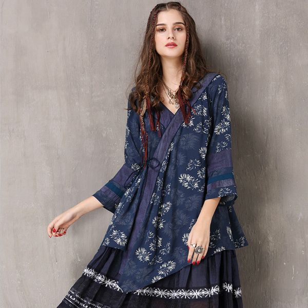 

johnature 2020 spring new retro floral print v-neck half sleeve irregular shirts loose comfortable all-match women lace up shirt, White