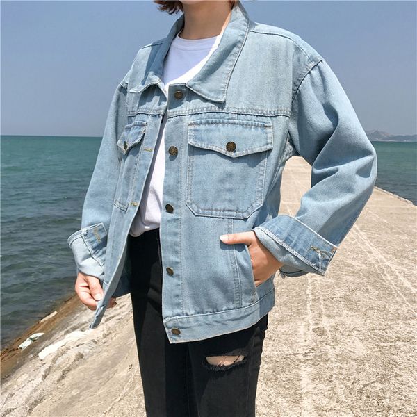 

women plus size jeans jacket loose long sleeve denim coat retro cowboy denim loose casual jacket bf wind, Black;brown