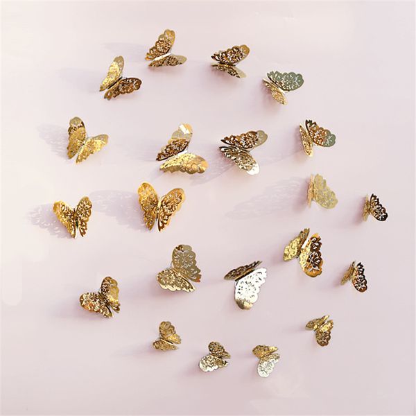 12 PCS parede do ouro e da prata Oca tridimensional 3D Butterfly Adesivos quarto decorações de parede da sala de estar Detalhes no TV Wall Stickers