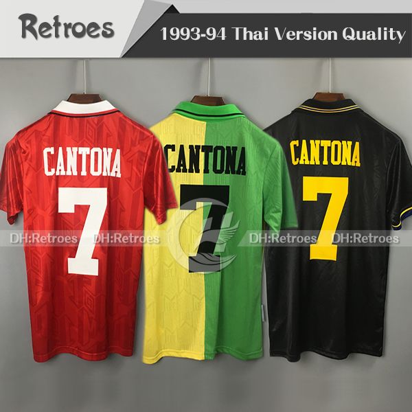 

93 94 manchester retro soccer jersey 1993 1994 retro soccer jersey #7 cantona football shirt giggs home red away green third football shirt, Black;yellow