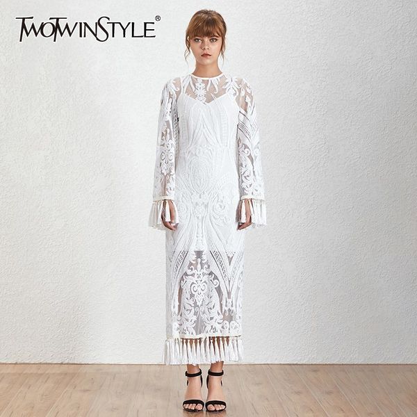 

twotwinstyle vintage embroidery tassel patchwork women dress o neck flare sleeve high waist ankle length dresses female spring, Black;gray