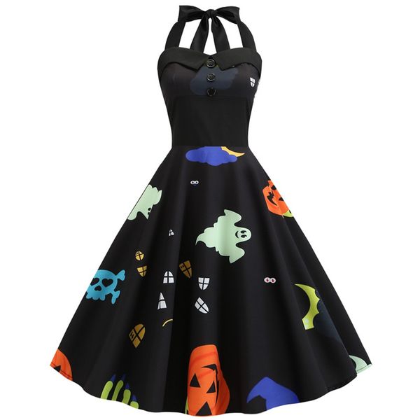 

women's fashion halloween 3d printed pumpkin ghost halter elastic dress party black dress halloween party costume, Silver
