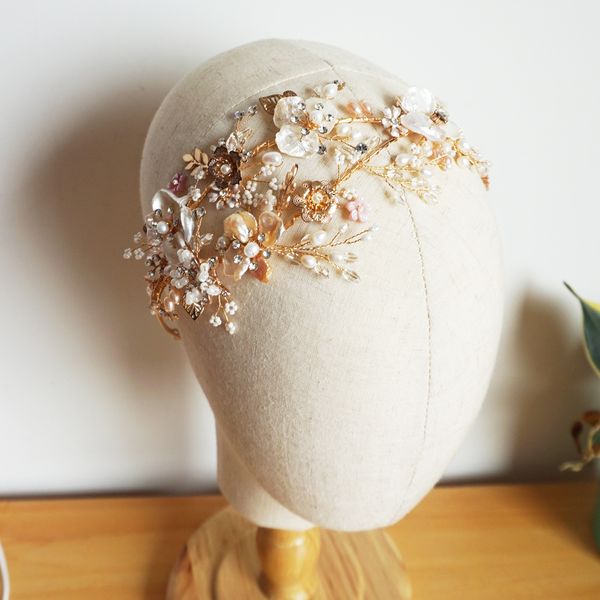 

luxury freshwater pearls wedding tiara crystal and rhinestone side accent bridal headband handmade prom party hair jewelry bride, Golden;white