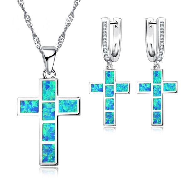 

sells fashionable simple jewelry set blue checkered cross pendant necklace earrings women wedding birthday christmas gifts, Silver