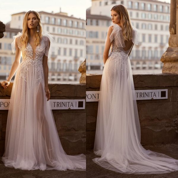 

2020 berta wedding dresses deep v neck illusion appliqued lace bead split bridal gowns custom made bohemia wedding dress, White
