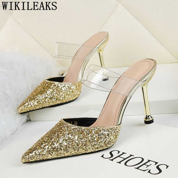 

glitter heels dress shoes women extreme high heel slippers gold shoes women stiletto mules high heels party for, Black