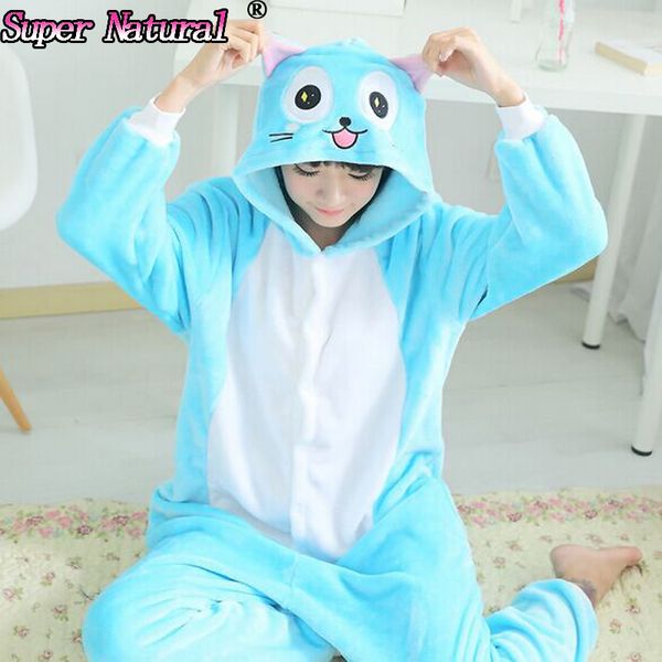 

hksng winter women animal fairy tail happy cat pajamas halloween onesies cosplay pyjamas with zipper, Black