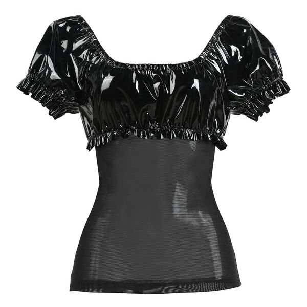 

2017 faux leather tank plus size pvc lingerie fetish bondage leather costume clubwear sheer mesh top, Red;black