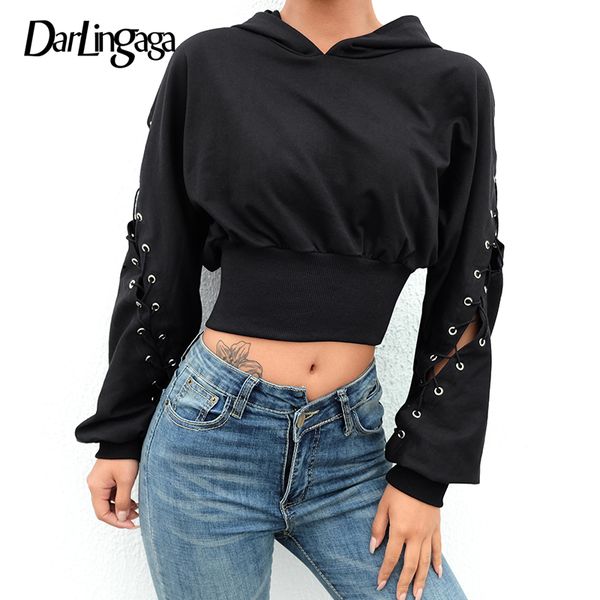 

darlingaga punk gothic lace up halloween hoodies women bandage streetwear pullover black crop hoodies winter sweatshirt