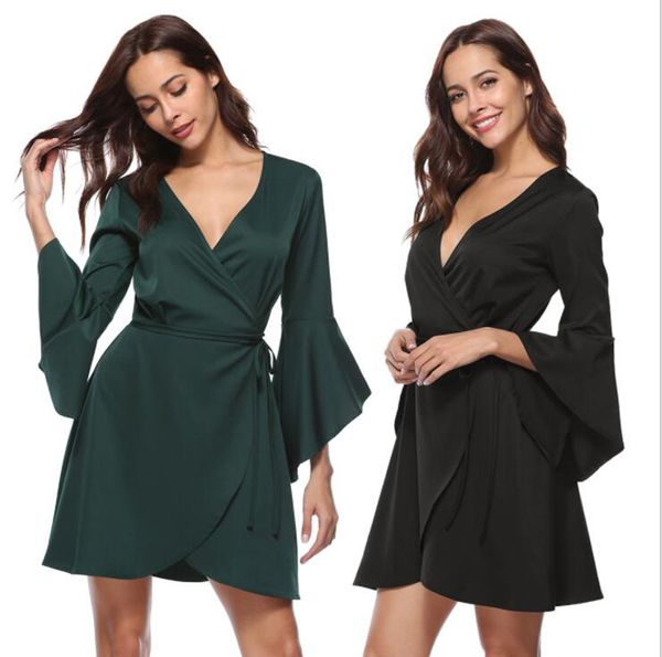 

european and american elegant nice look women's dress new explosion models v-neck trumpet sleeves dress lady black & green, Black;gray