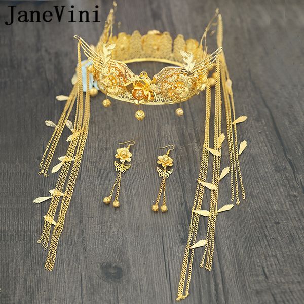 

janevini china ancient bride crowns and earrings gold metal wedding long tassel bride phoenix crown bridal hair accessories 2019, Golden;white