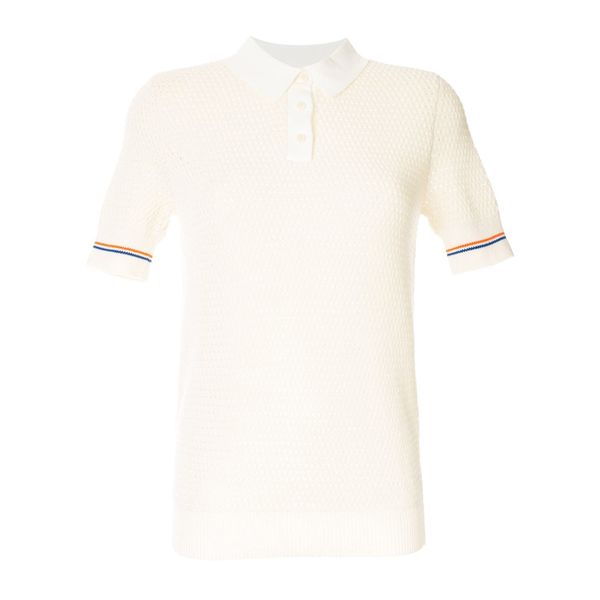 

2019 spring summer striped print short sleeves turn-down collar hollow out knitted knits & tees fashion m311817, White