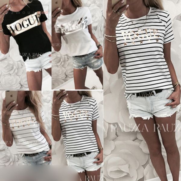 

2019 полиэстер тенниска способа лета женщин вскользь с коротким рукавом белый полосатой рубашки верхней tee урожай printed рубашка женщина о, White