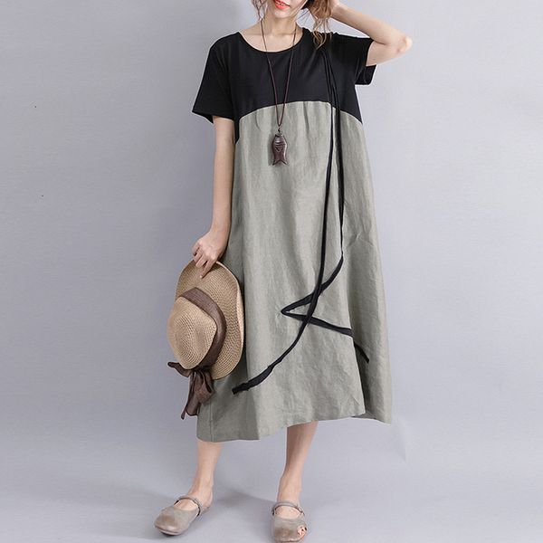 

womens dresses women designer clothes plus size summer o neck short sleeve party baggy midi dress loose splice linen beach shirt vestido, Black;gray