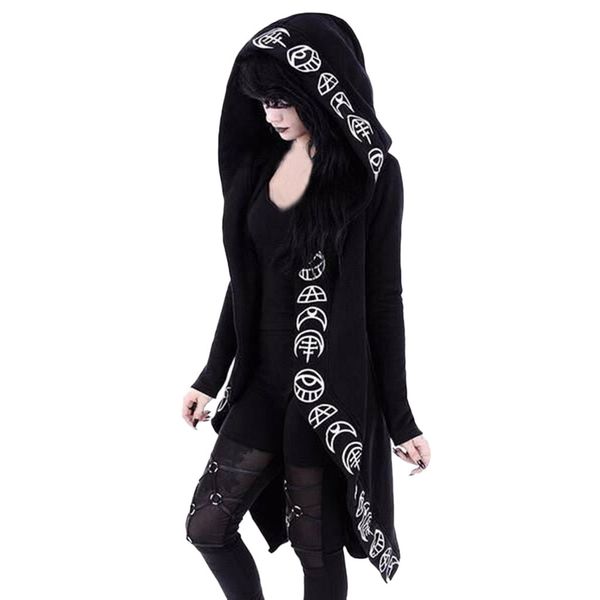 

women coat gothic punk moon letter print hooded 2019 autumn winter long sleeve black jacket zipper coat casual jacket #ss, Black;brown