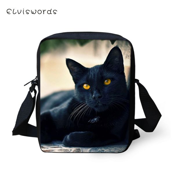 

elviswords fashion messenger bag black cats prints pattern small women bag kawaii animal crossbody mini shoulder purses