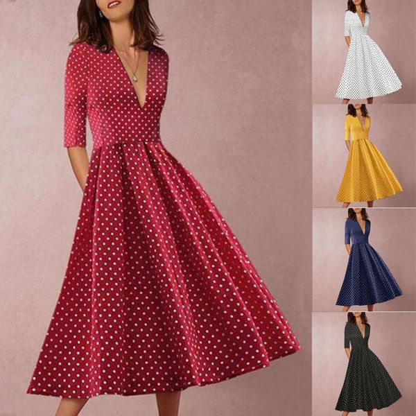 

vestidos ropa mujer winter dress women v-neck half sleeve polka dot print draped party vintage christmas dress robe femme, Black;gray