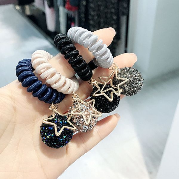 

korean simple headwear telephone line coil starry blue star crystal ball elastic hair bands women fashion hair accessories
