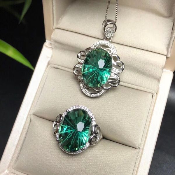 

meibapj shining natural fireworks green crystal jewelry set real 925 sterling silver ring necklace fine siut wedding jewelry, Black
