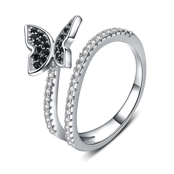 

sodrov cute 925 sterling silver jewelry black spinel elegant butterfly engagement rings for women zircon finger ring g059, Golden;silver