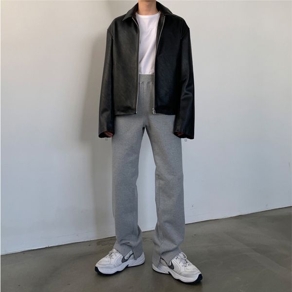 

men vintage casual zipper sleeve loose short style leather jacket overcoat male japan korea streetwear coat outerwear, Black