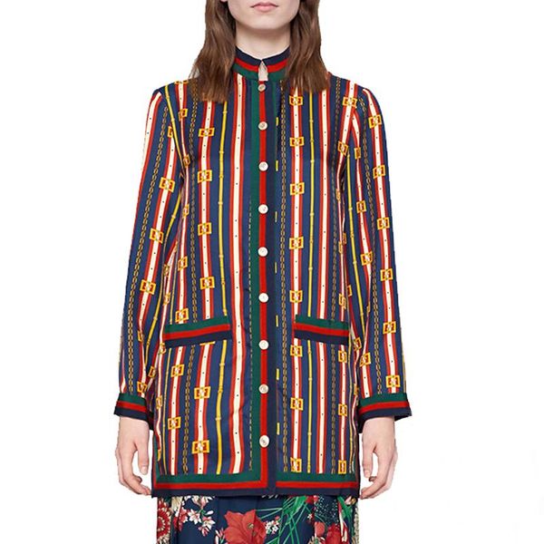 

2019 new woman blouse luxury casual womens designer clothing print striped half-high collar mid-length women, White