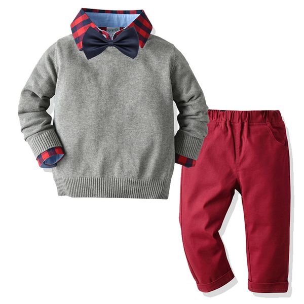 

toddler boy clothes forkid christmas clothes solid sweater + plaid shirt +red pants suit kids spring autumn costume baby clothes t200414, White